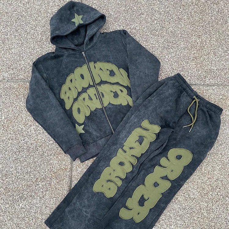 Street Letter Print Zipper Hooded Sweatshirt Set at Hiphopee