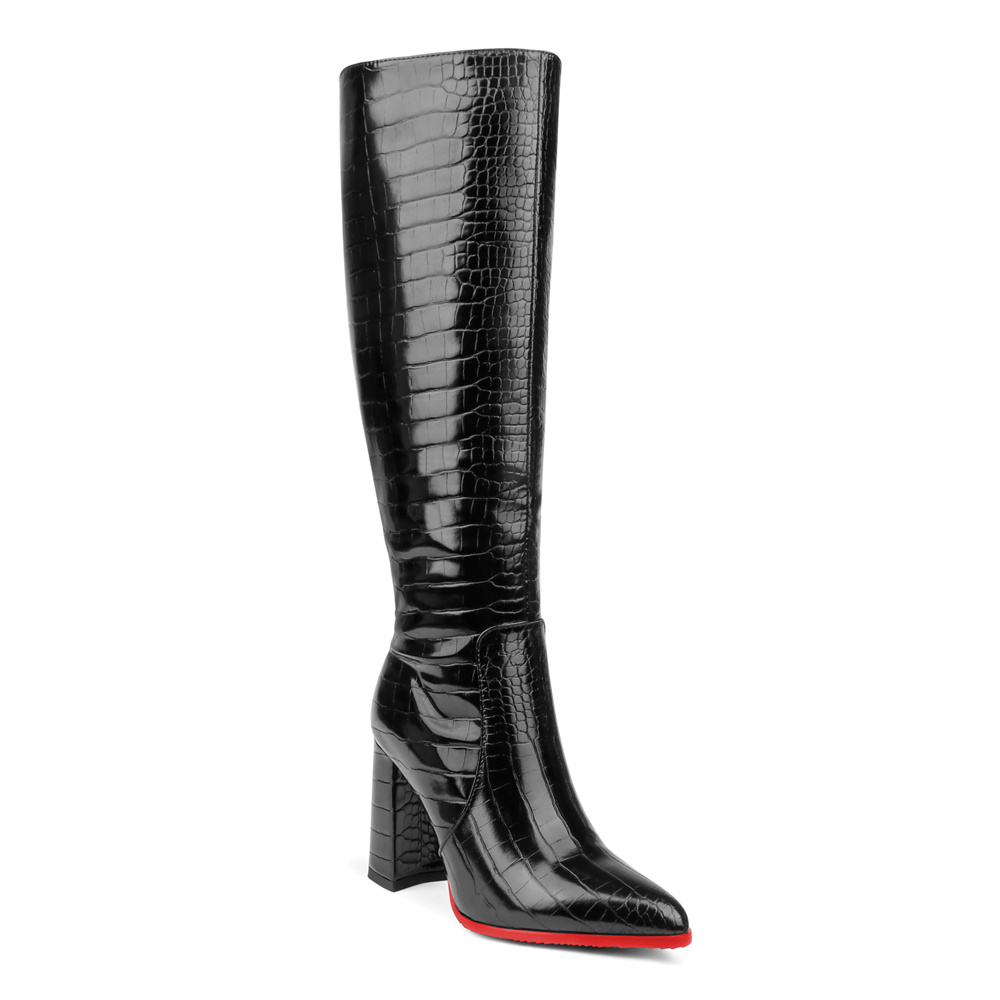 95mm Women's  Knee Boots Leather Red Bottom High Heels Mechanical Style Boots-MERUMOTE