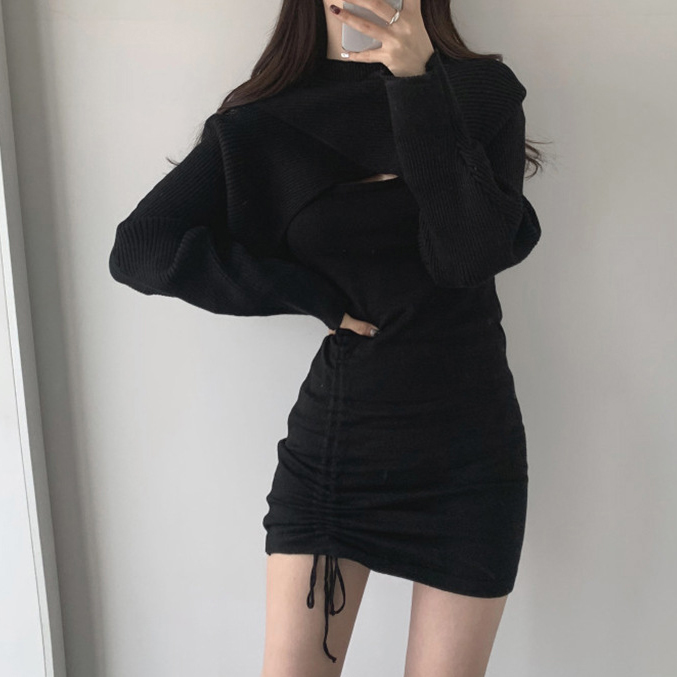 Y2K Long Sleeve Knit Crop Top Drawstring Dress Two-piece Suit
