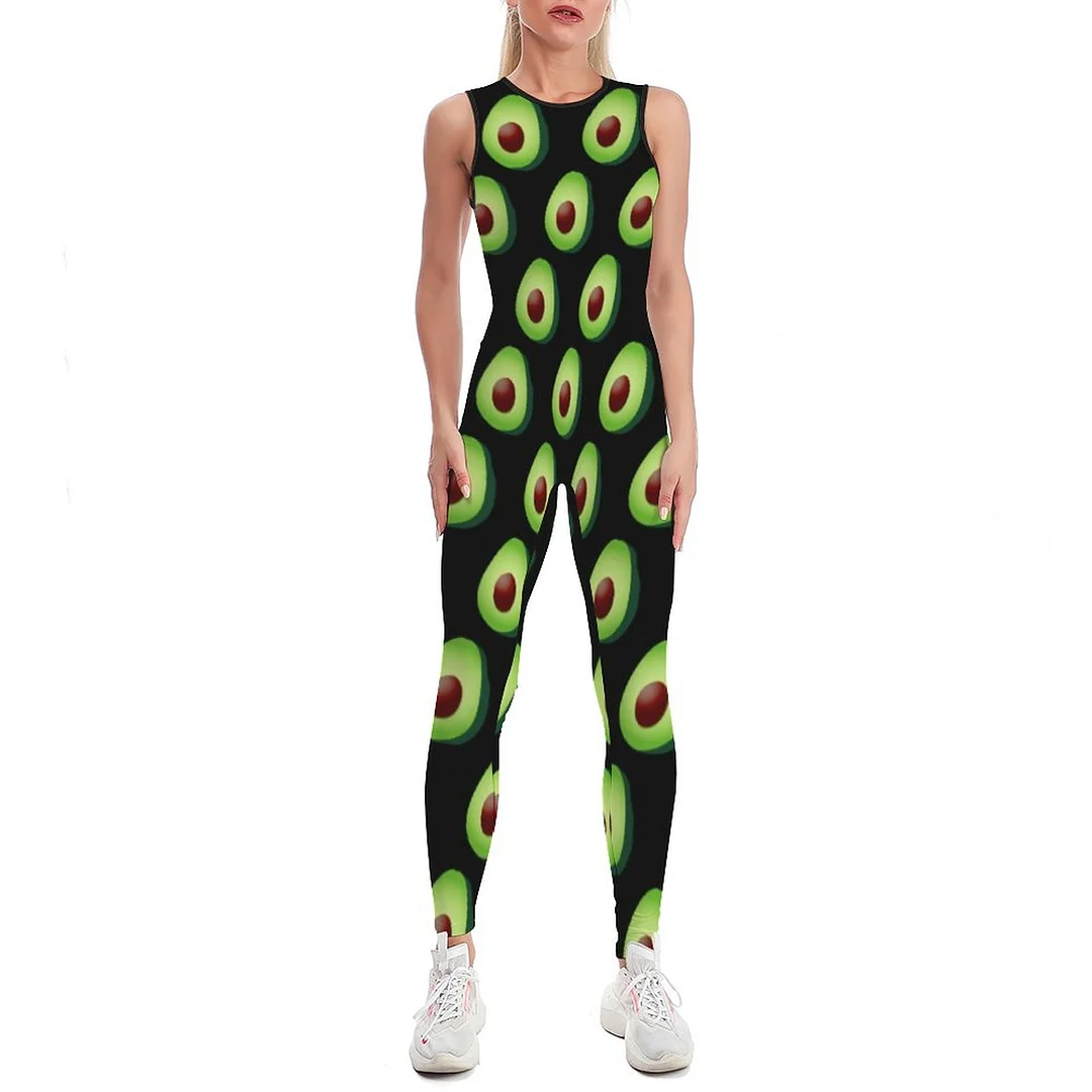 Cute Avocado Print For Yoga Workout Gym Bodycon Tank One Piece Jumpsuits Long Pant Retro Yoga Rompers Playsuit for Women