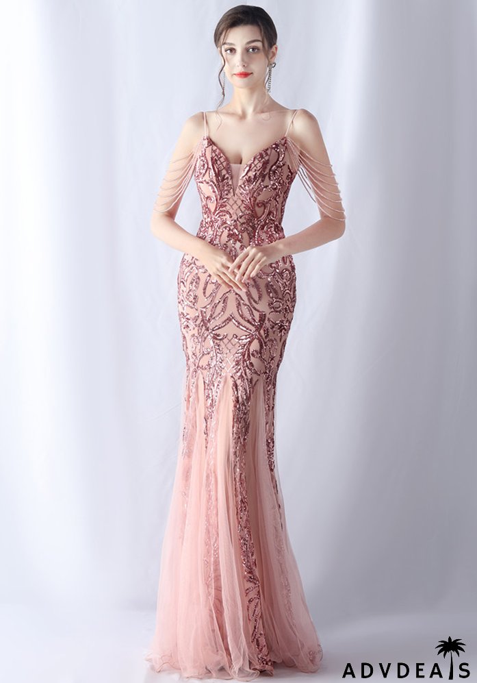 Women beaded mesh evening dress