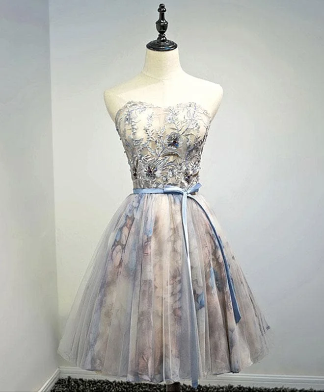 Gray Sweetheart Neck Tulle Lace Short Prom Dress, Homecoming Dress