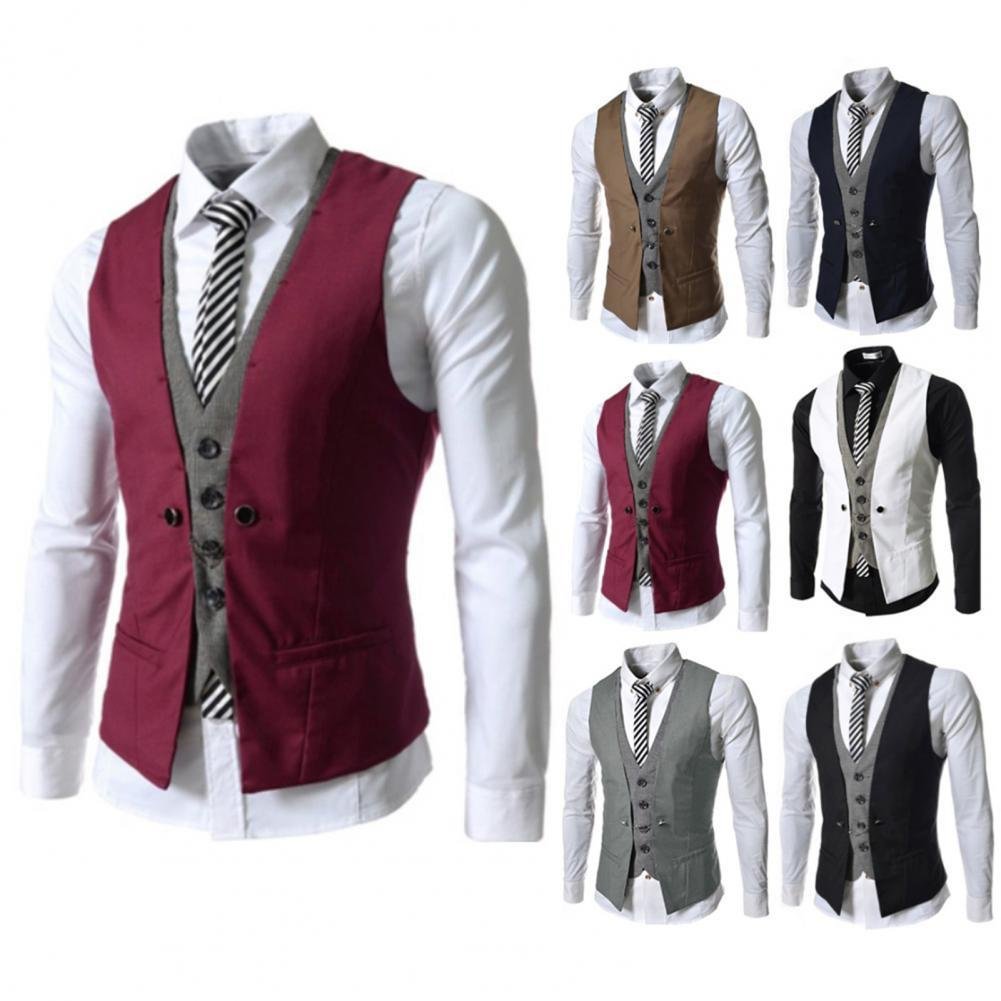 Men Sleeveless V Neck Single-breasted Slim Gilet Business Suit Top Waistcoat  Casual Sleeveless Formal Business Vest M-2XL