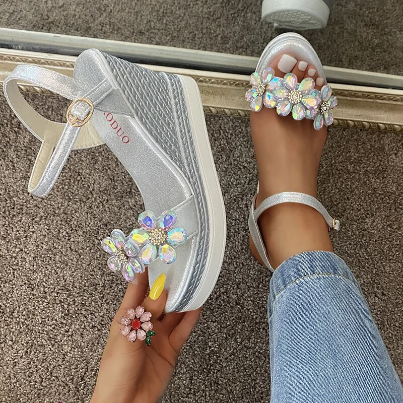 Qengg Female Fashion Flower Open Toe Sandals Dress Silver Sandals Women Rhinestone Wedges Platform Party Shoes Woman