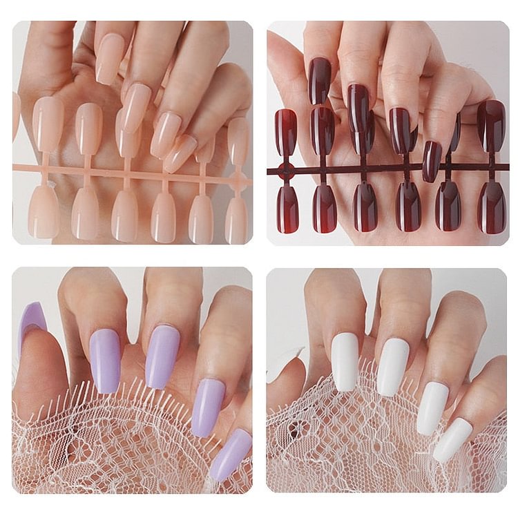 24pcs False Nails Short Round Head Full Cover Nails Pink Blue Coffin False Manicure Press On Artificial Nails Tools Accessories