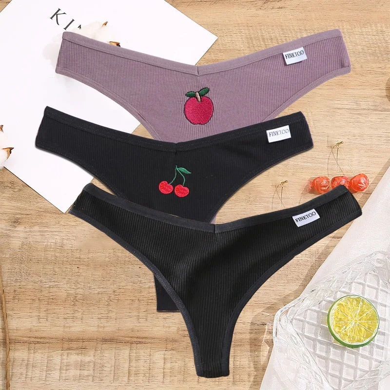 FINETOO 2/3PCS Women Lingerie Fruit Embroidery Panties G-string Sexy Low Rise Cotton Thongs Girl Underwear V-Waist Female Pantys