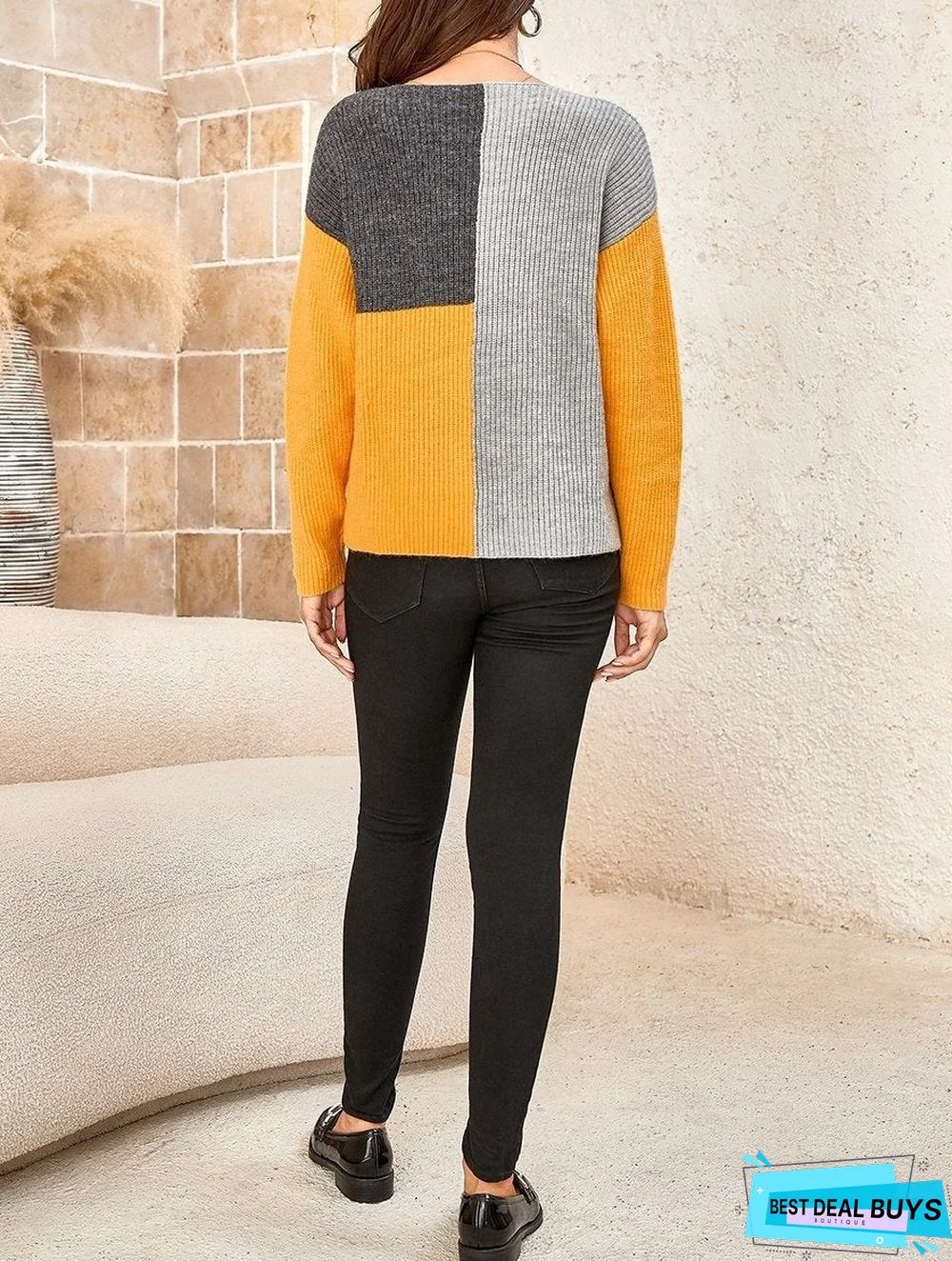 Ladies Color Block Stitching Round Neck Long-Sleeved Sweater