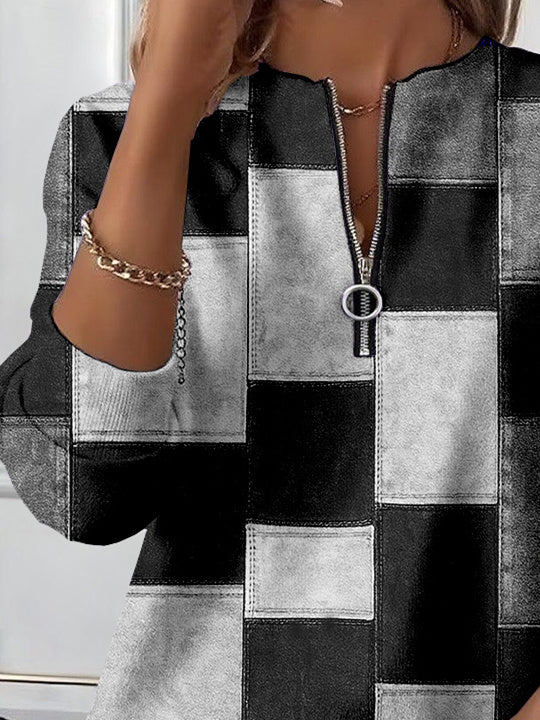 Women Long Sleeve Scoop Neck Plaid Colorblock Printed Graphic Zipper Tops