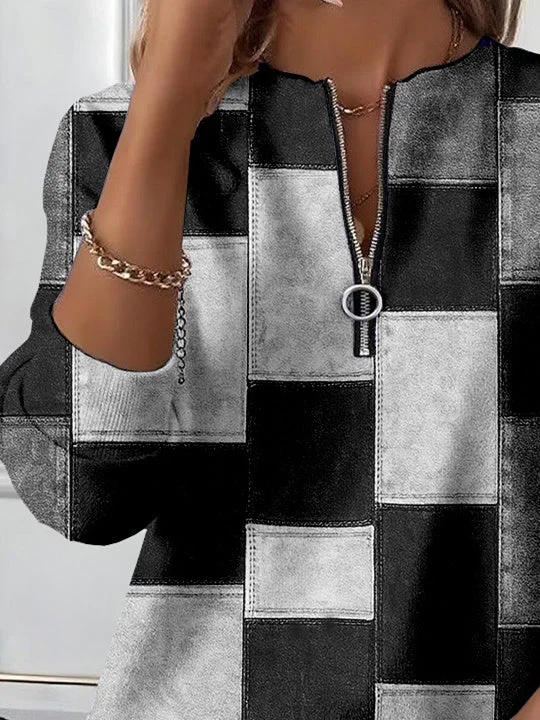 Women Long Sleeve Scoop Neck Plaid Colorblock Printed Graphic Zipper Tops