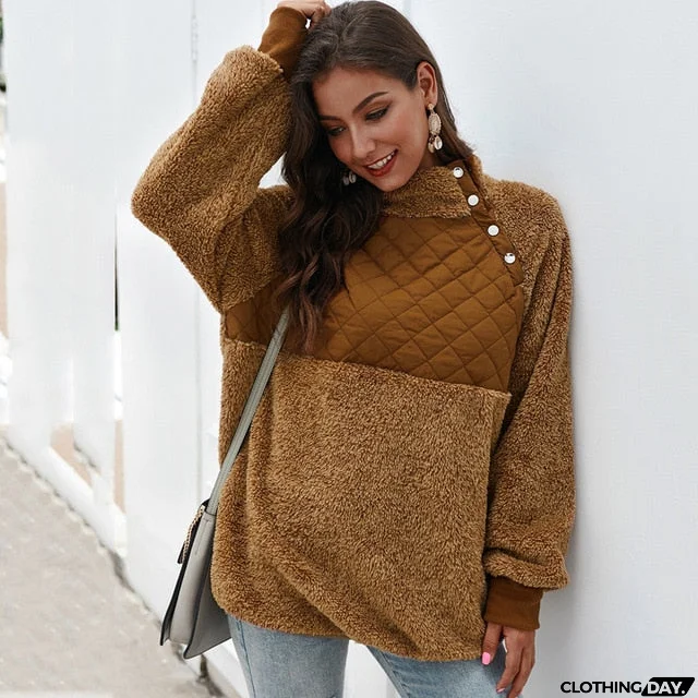 Sweatshirts Women Long Sleeve Patchwork Color Fahsion Autumn Winter Pullover Black Ladies Plush Warm Tops Clothing