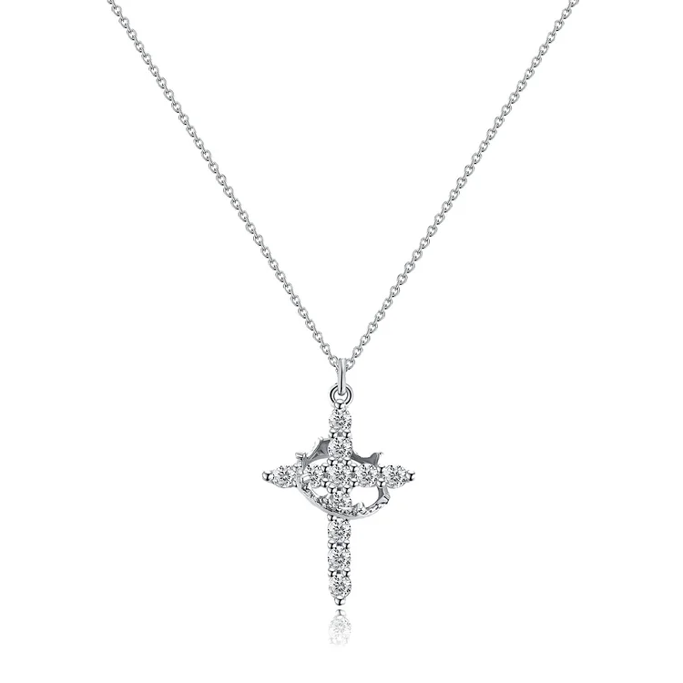 Paved Cross Rotated Crown Necklace 