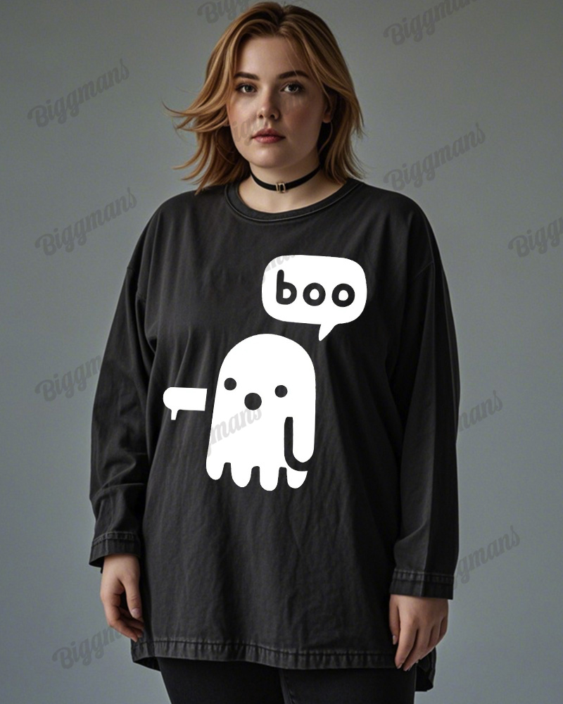 Ghost Boo Print Wash Cotton Round Neck Long Sleeve Plus Size Top