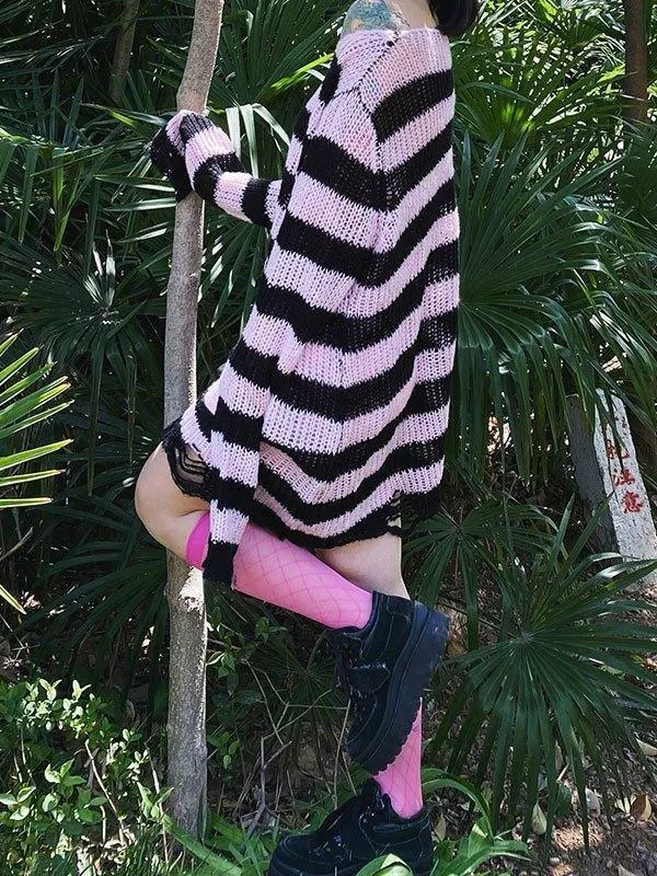 Brownm Distressed Stripe Longline Sweater