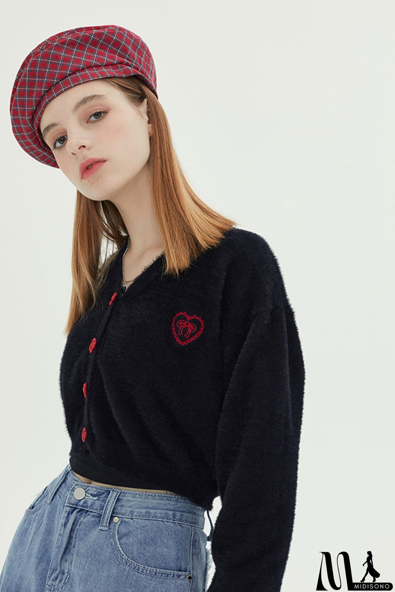 MidiSono - V Neck Solid Color Cardigan