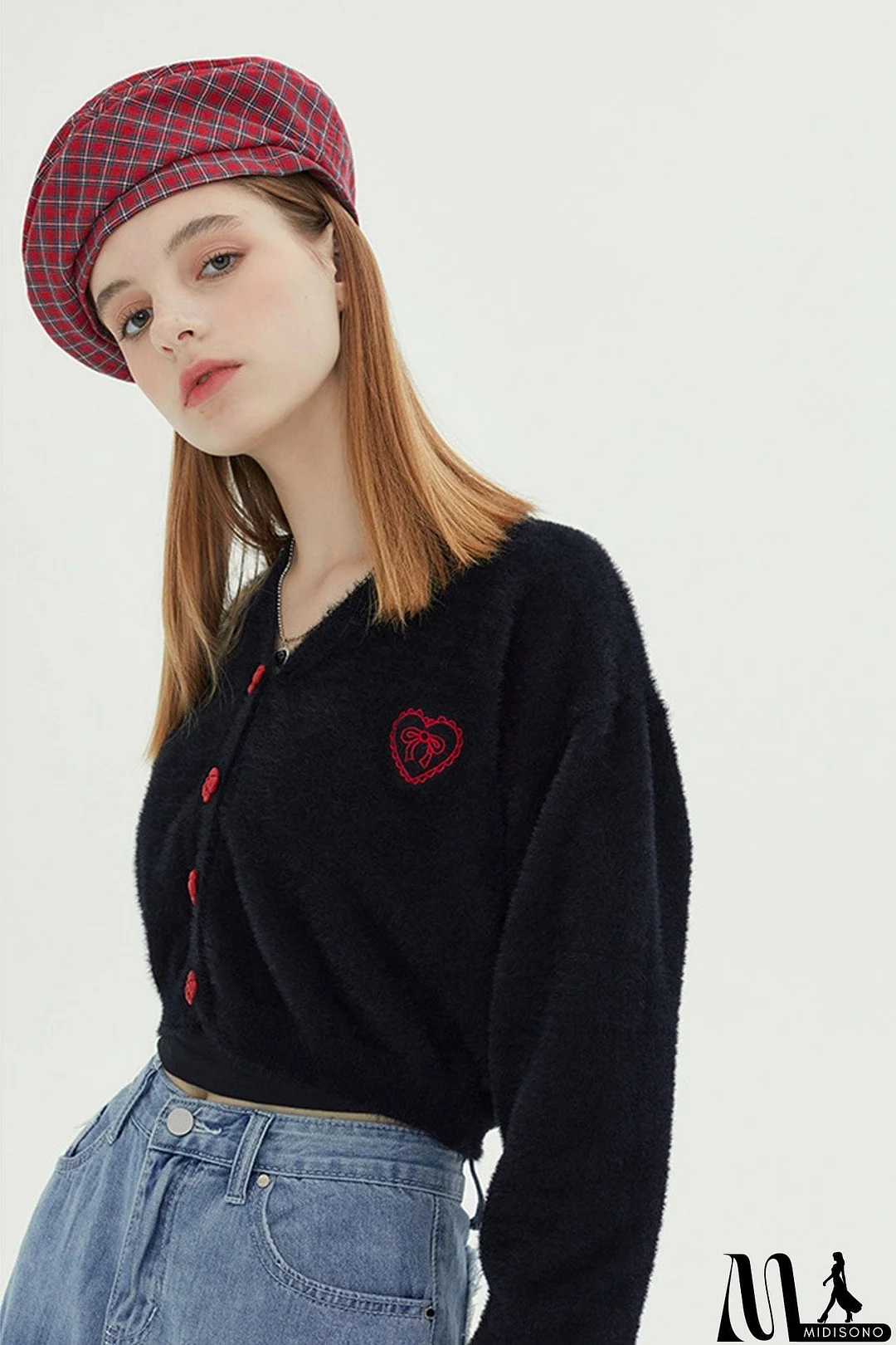 MidiSono - V Neck Solid Color Cardigan