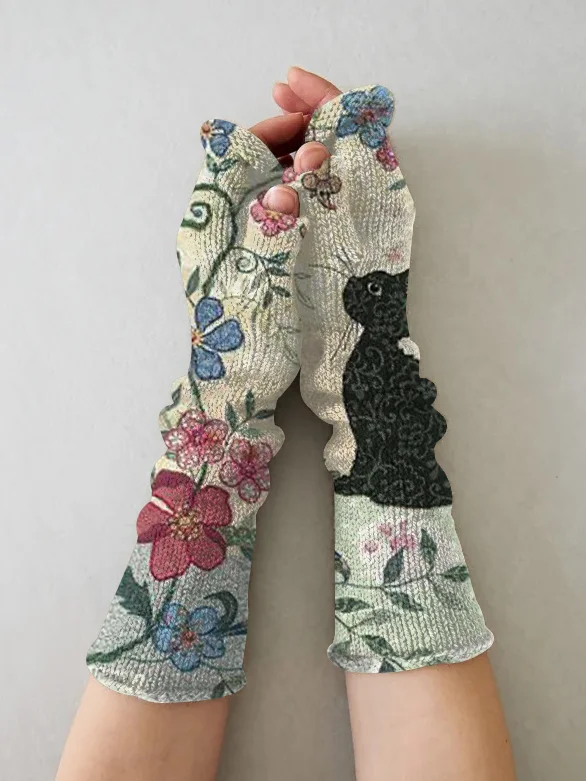 （Ship within 24 hours）Retro cat casual print knit fingerless gloves