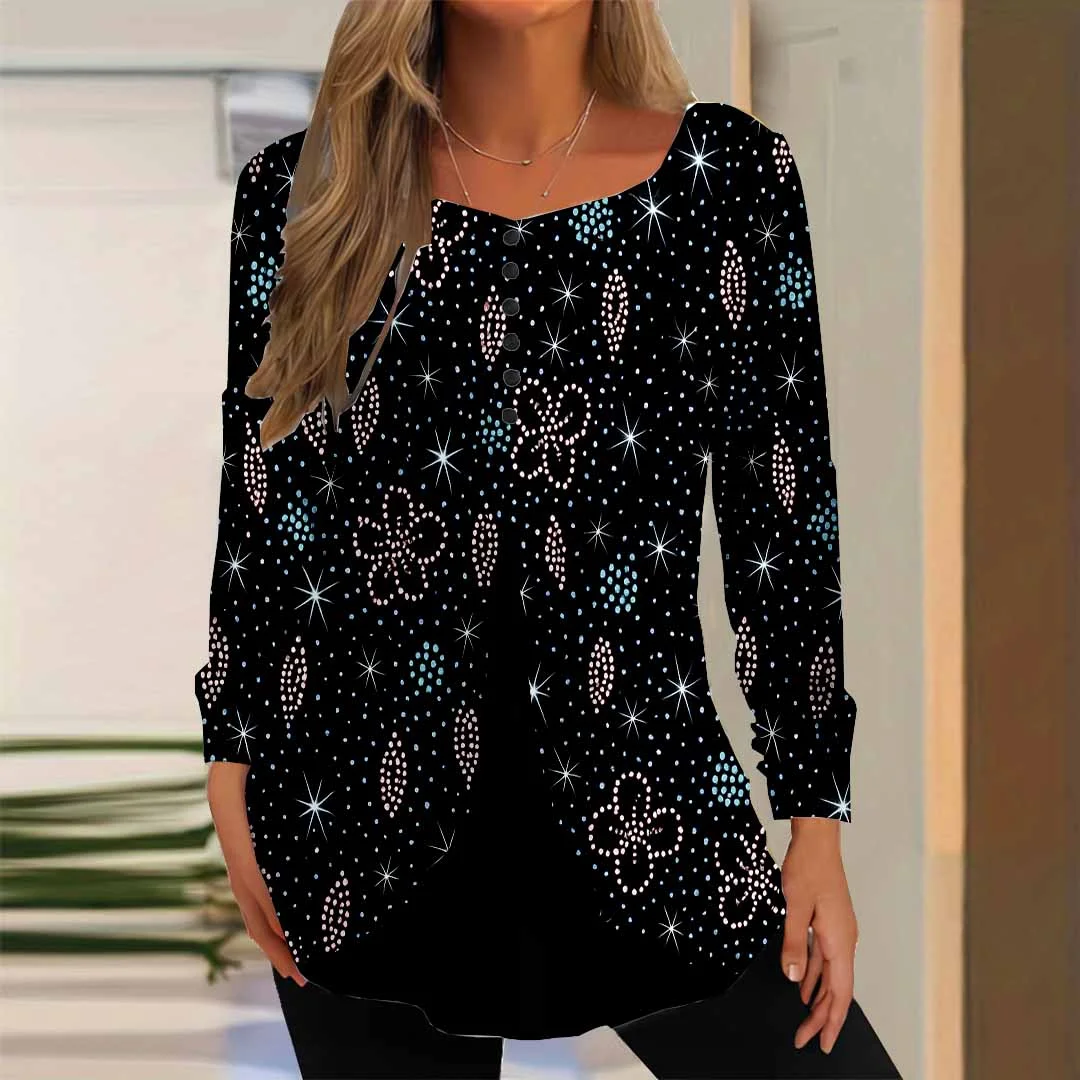 Women Graphic,Black DZGG8336 Long Sleeve Scoop Neck Printed Graphic Button Fake 2in1 Tops