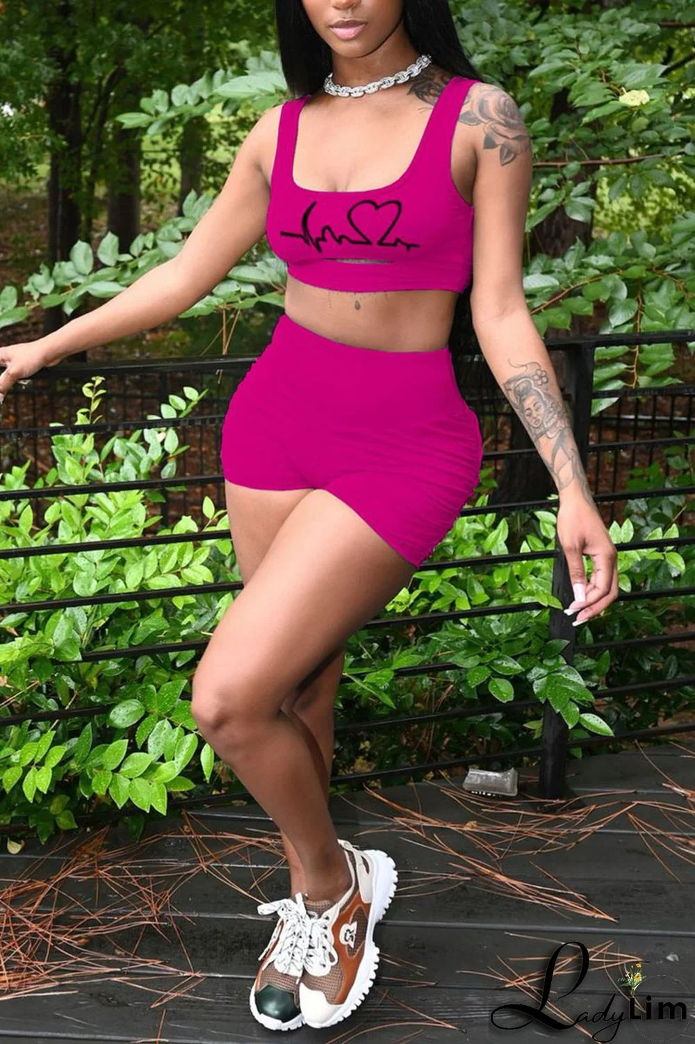 Rose Red Casual Print Split Joint U Neck Sleeveless Two Pieces