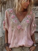 Vintage Boho Pink Roses Lace Flowy Linen Tunic