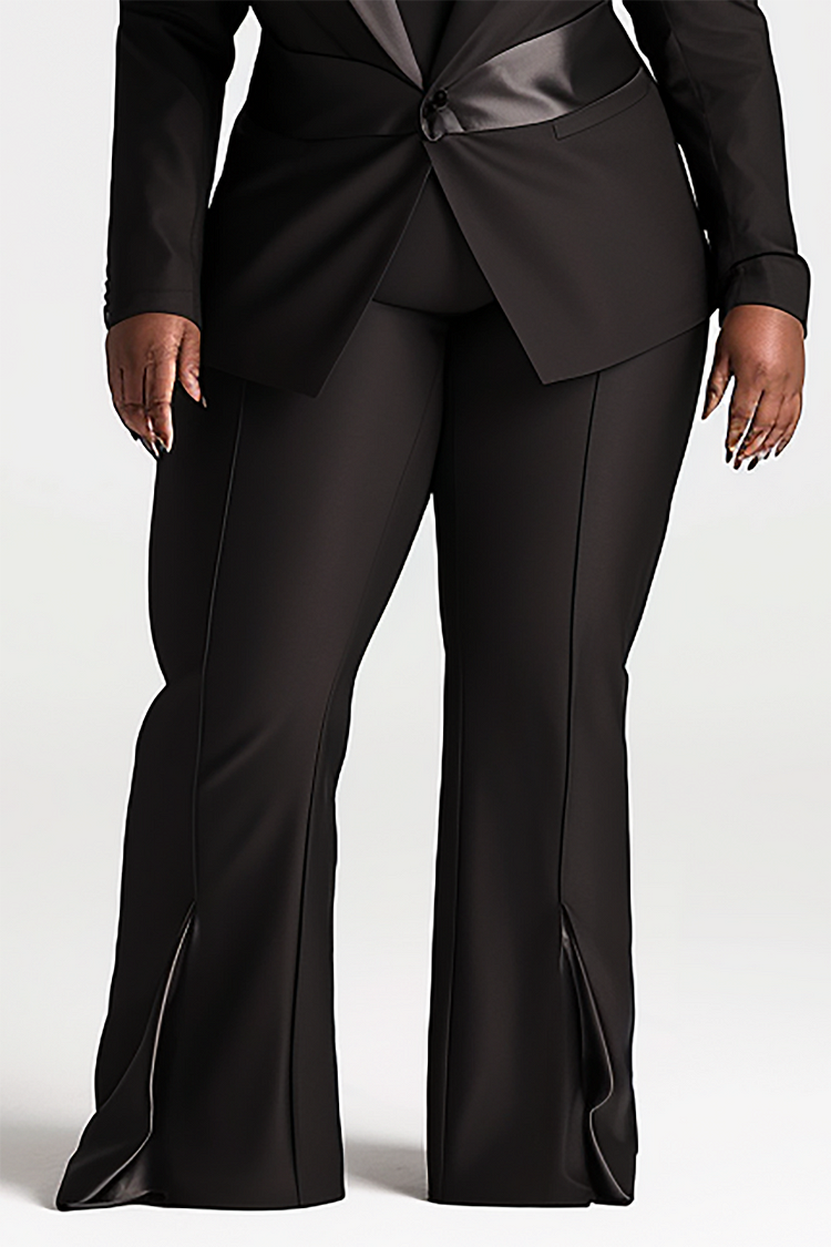 Xpluswear Design Plus Size Semi Formal Black Turndown Collar Long Sleeve  Contrast Blazer Two Piece Pant