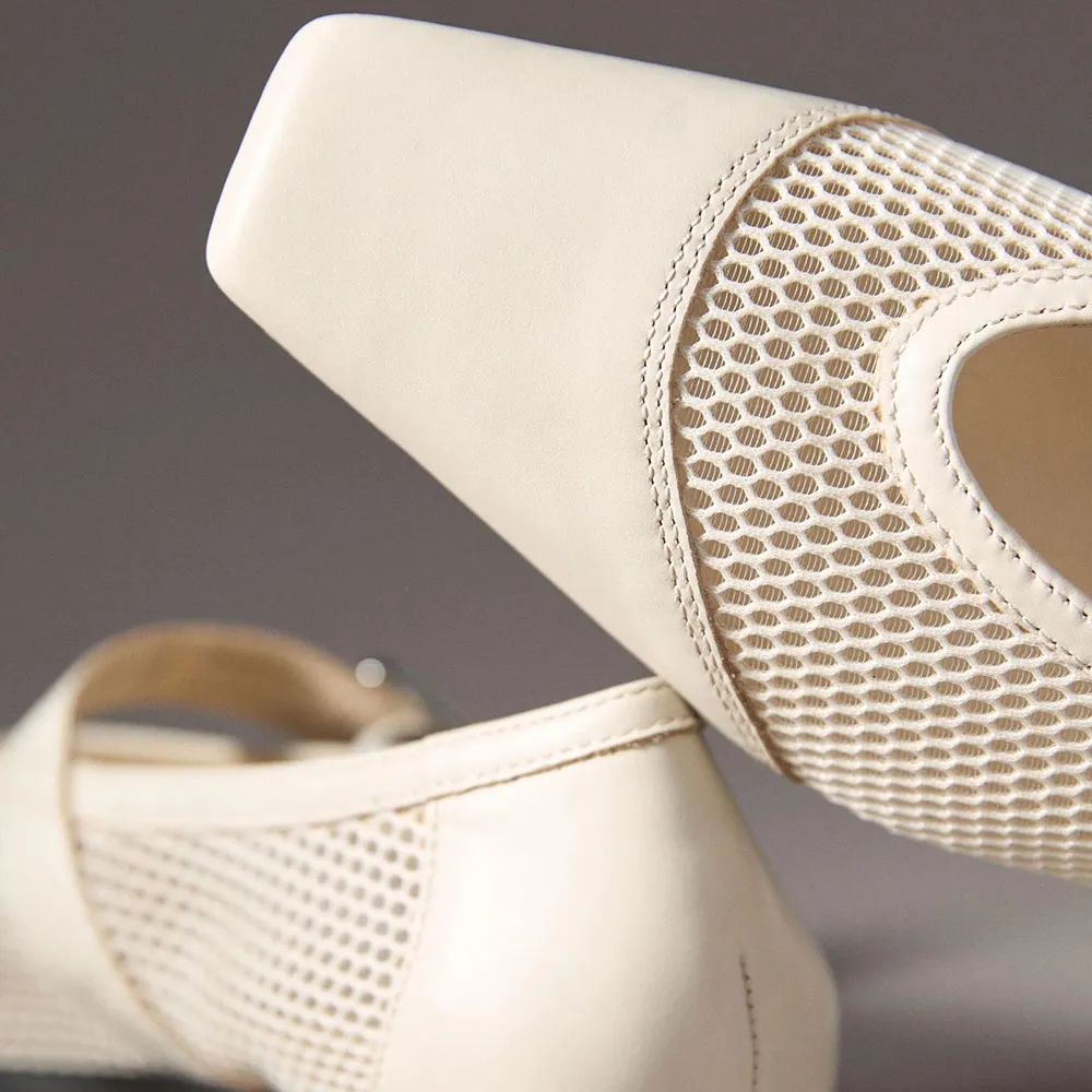 Ivory Square Toe Mesh Patchwork Buckle Strap Flat Shoes Women