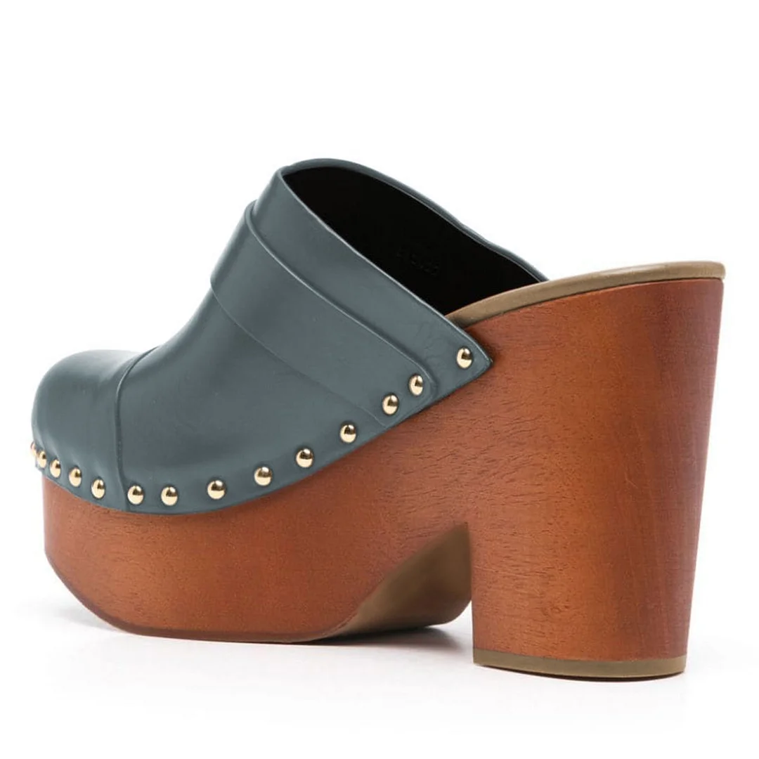 Studded Buckle Strap Round Toe Block Heel Platform Mules in Grey