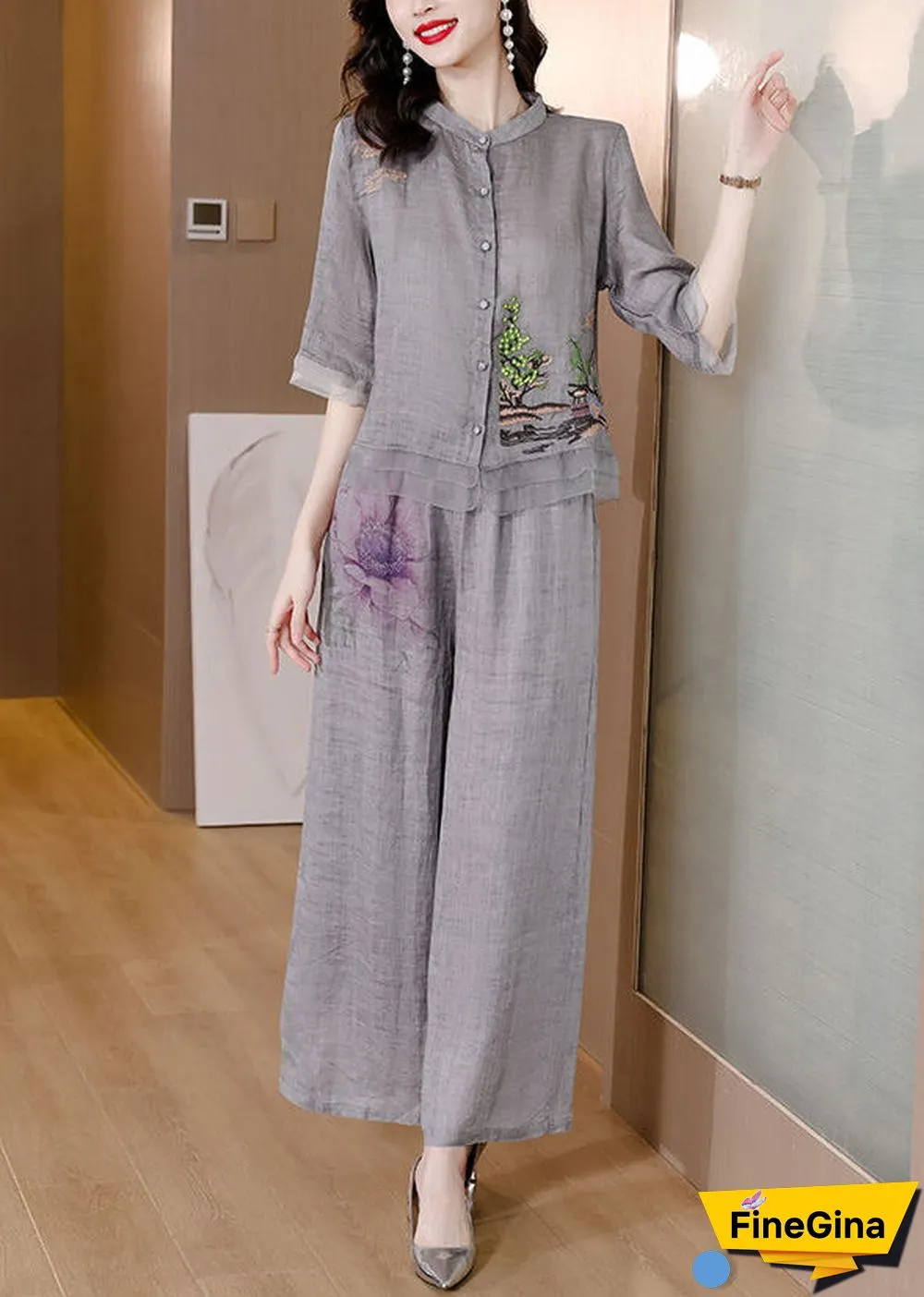 Handmade Grey Embroideried Patchwork Linen Two Pieces Set Summer