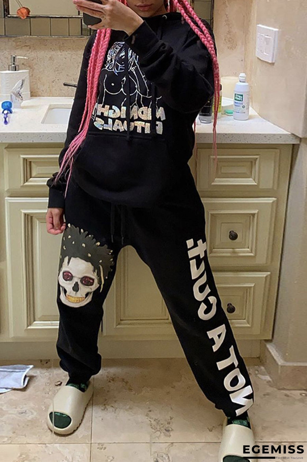 Black Casual Print Patchwork O Neck Long Sleeve Two Pieces | EGEMISS