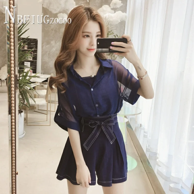 Fashion Wide Leg Shorts Camisole And Chiffon Coat Women Sets Casual Female Sets