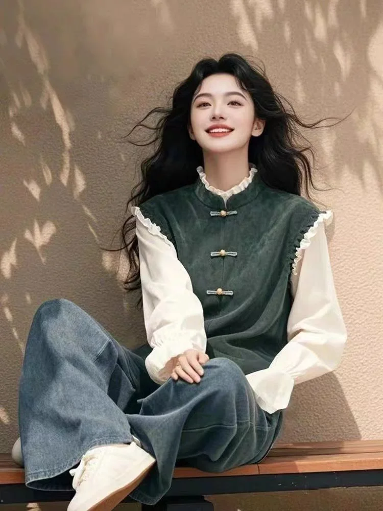 Athvotar Athvotar Chinese Green Fake Two-Piece Buckle Long-Sleeved Shirt Woman In The Spring Of 2025 New National Style Unique Special Top