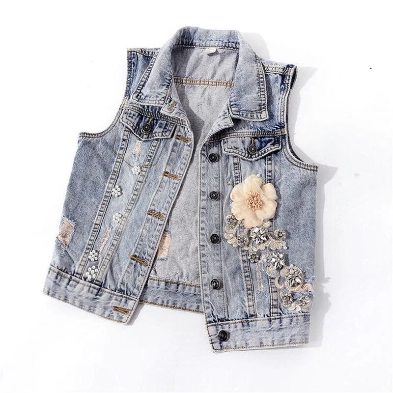 Spring Autumn Women Denim Vest Coat New Diamond Flowers Waistcoat Sleeveless Vintage Short Jacket Jeans Vest Casual Female Tops