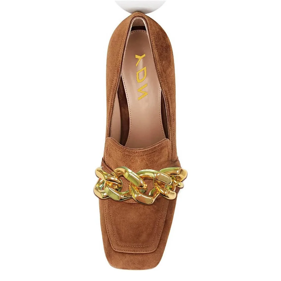 Brown Vegan Suede Chain Chunky Heeled Loafers with Square Toe