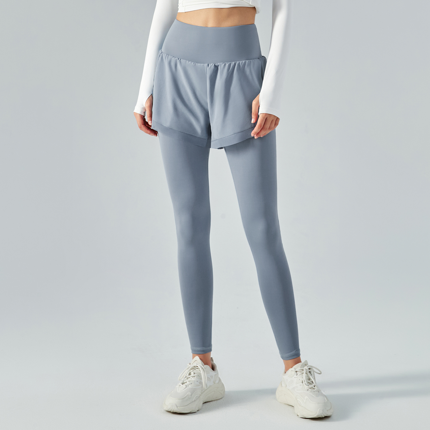 Buy Haze Blue different colors and types of fake 2 pieces high waist butt lifting pocket yoga leggings with shorts on Hergymclothing