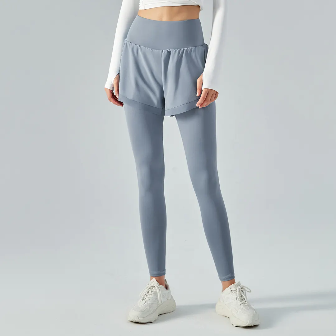 Buy Haze Blue different colors and types of fake 2 pieces high waist butt lifting pocket yoga leggings with shorts on Hergymclothing