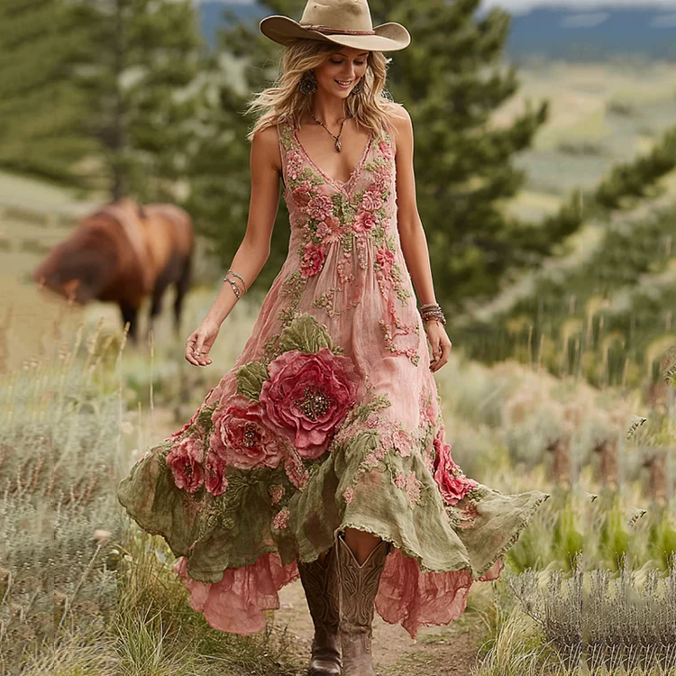 Vintage Rose Floral Embroidered Sleeveless Maxi Dress