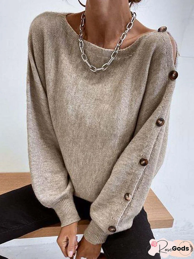 Vacation Casual Round Neck Long Sleeve Khaki Sweater