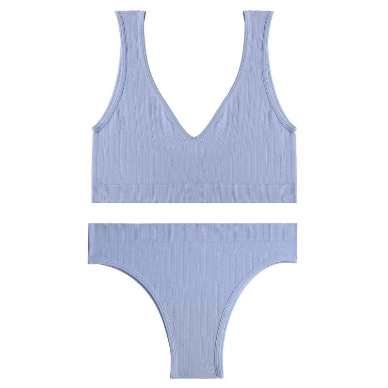 FINETOO Padded Bra Set Women Backless Tops Seamless Panties Female Deep V Bralette M-XL Wireless Bras Suit Ladies Lingerie 2021