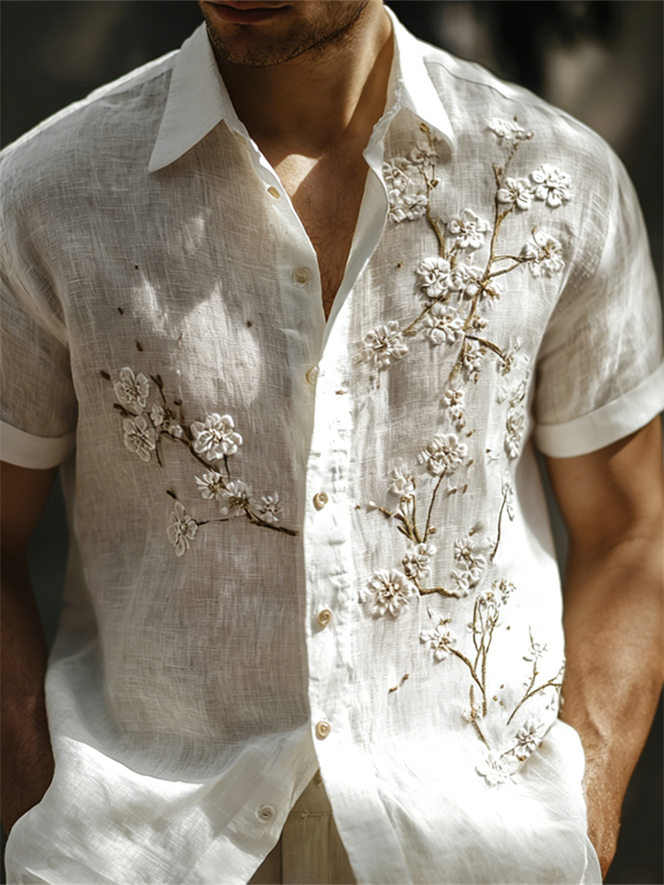 Men's Classy White Almond Blossom Embroidered Linen Shirt  artssus
