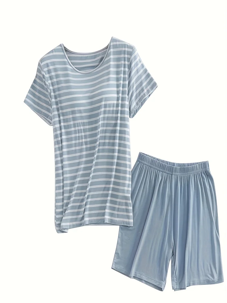 2pcs Women's Striped Pajama Set - 95% Viscose 5% Spandex Soft Breathable - Lounge/Sleep Wear - Plus Size & Maternity Comfort