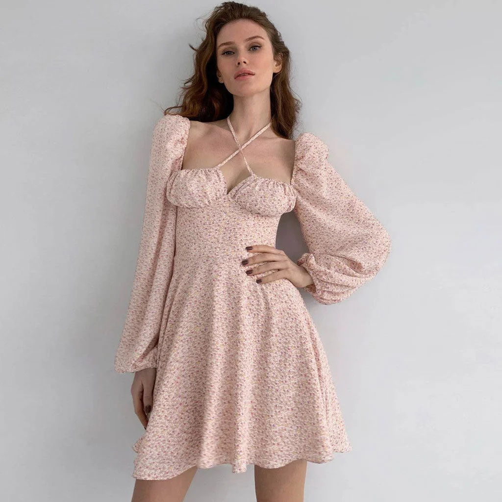 Sweet Puff Sleeve Tied Bustier Printed Skater Mini Dress - Pink