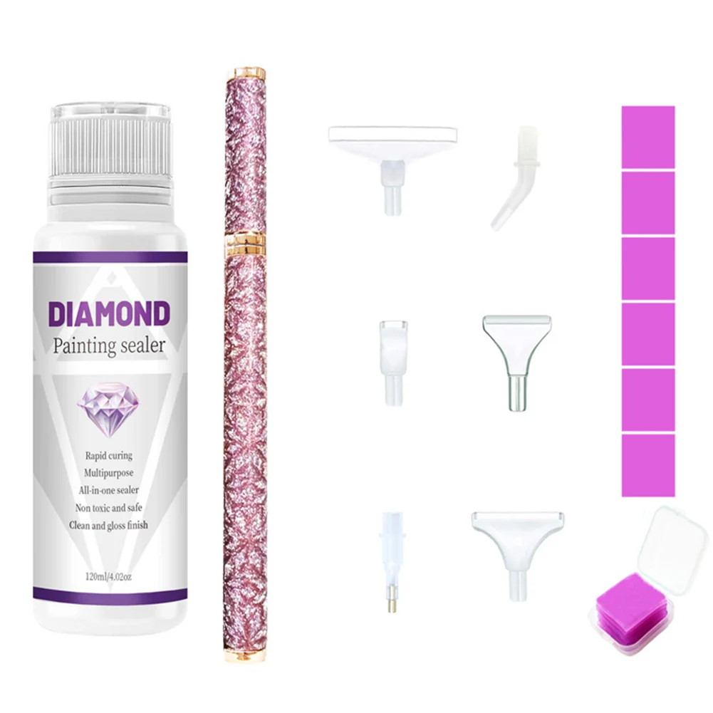 DIY Diamond Painting Glue Tool Canvas Permanent Preservation Sealing Agent 120ml - Purple dot drill pen + plastic 6 heads + 6 pieces of clay + sealant glue