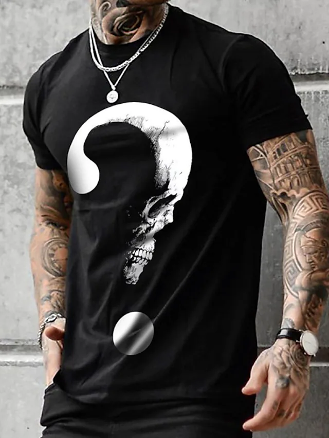 2023 Men's Hot Sale Fashion Casual Round Neck Black and White Question Mark 3D Print Short Sleeve T-Shirt Tops