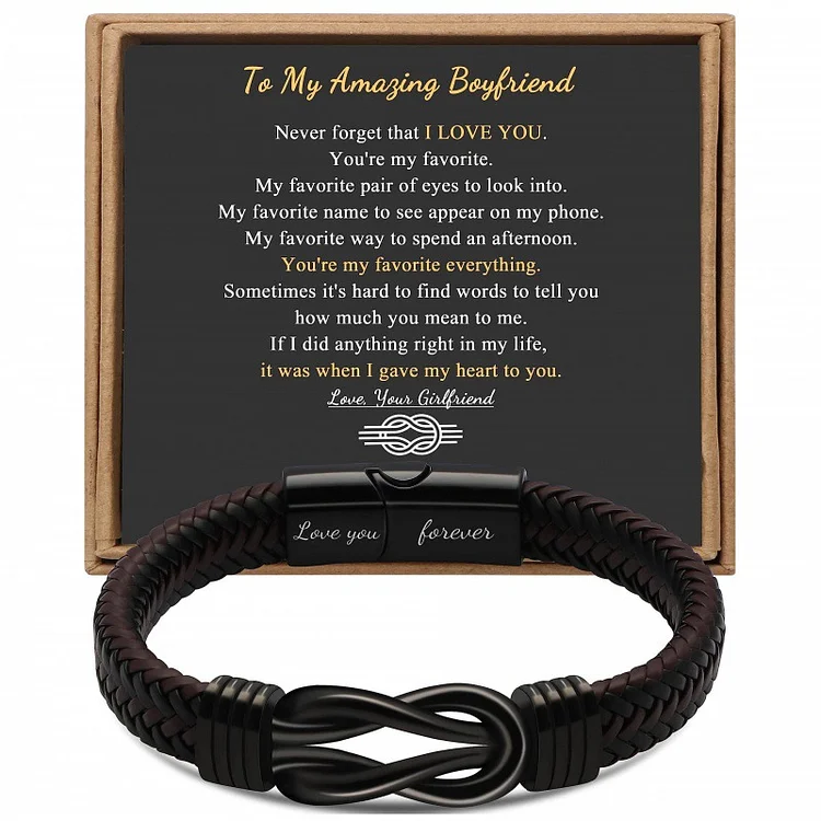 To My Boyfriend Love You Forever Stainless Steel Magnetic Buckle Engraved Woven Leather Bracelet