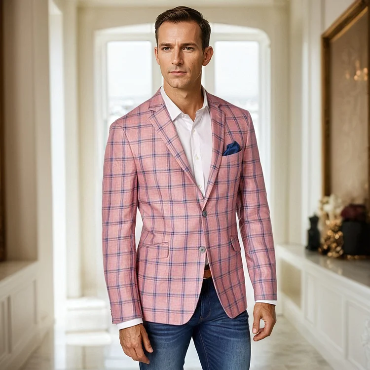 OK Fashion Pink Plaid Print Notch Lapel Two Button Blazer Okaywear
