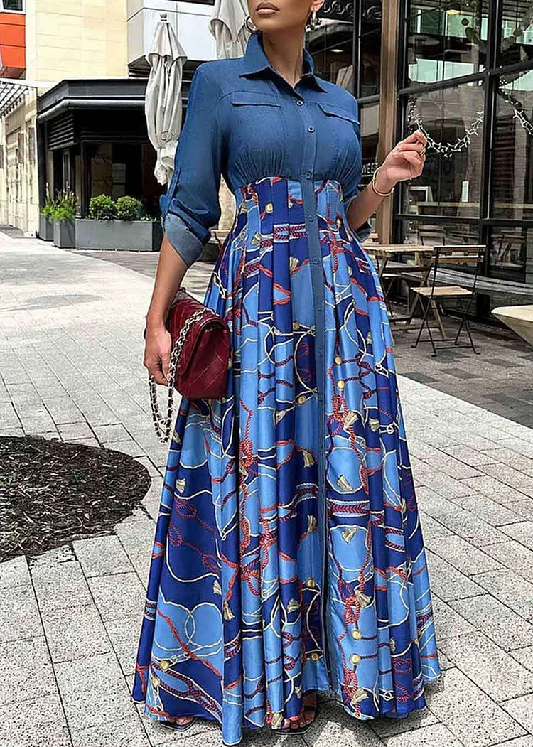 Fashion Blue Denim Patchwork Print Wrinkled Dress Autumn