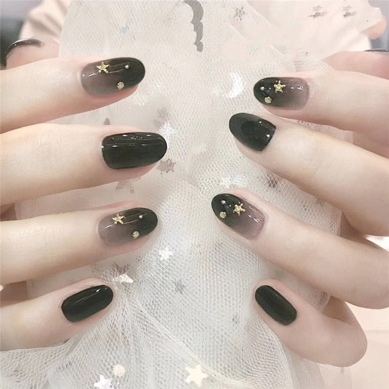 24 pcs/box with a pattern with Black Gradient oval fake nail Bride and Girls Wearing Manicure acrylic artificial nail with glue