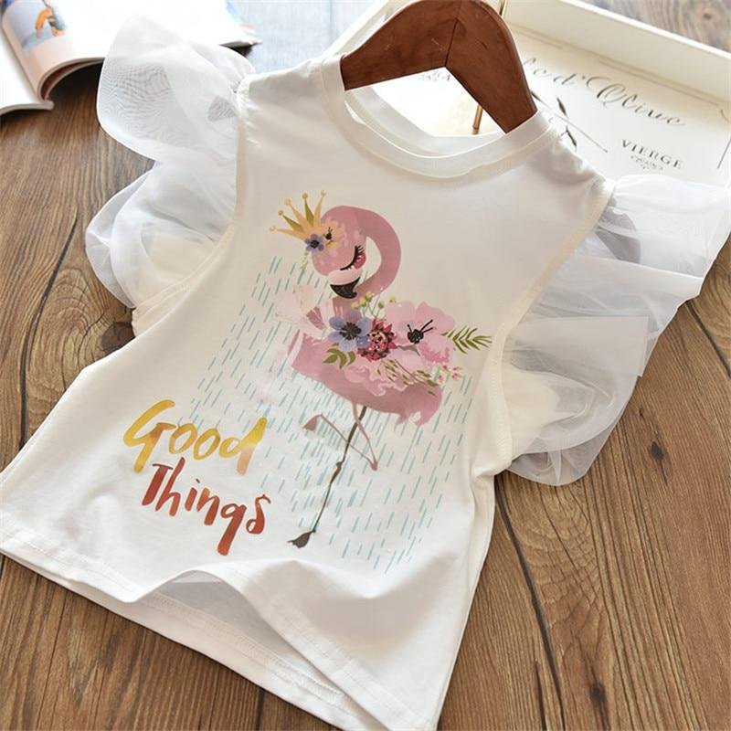 Short Sleeve Summer Girls T-shirts Flamingo Unicorn Cartoon Printing Tops for Baby Girls Clothes Sequined Tshirt 3-8Yrs Toddler