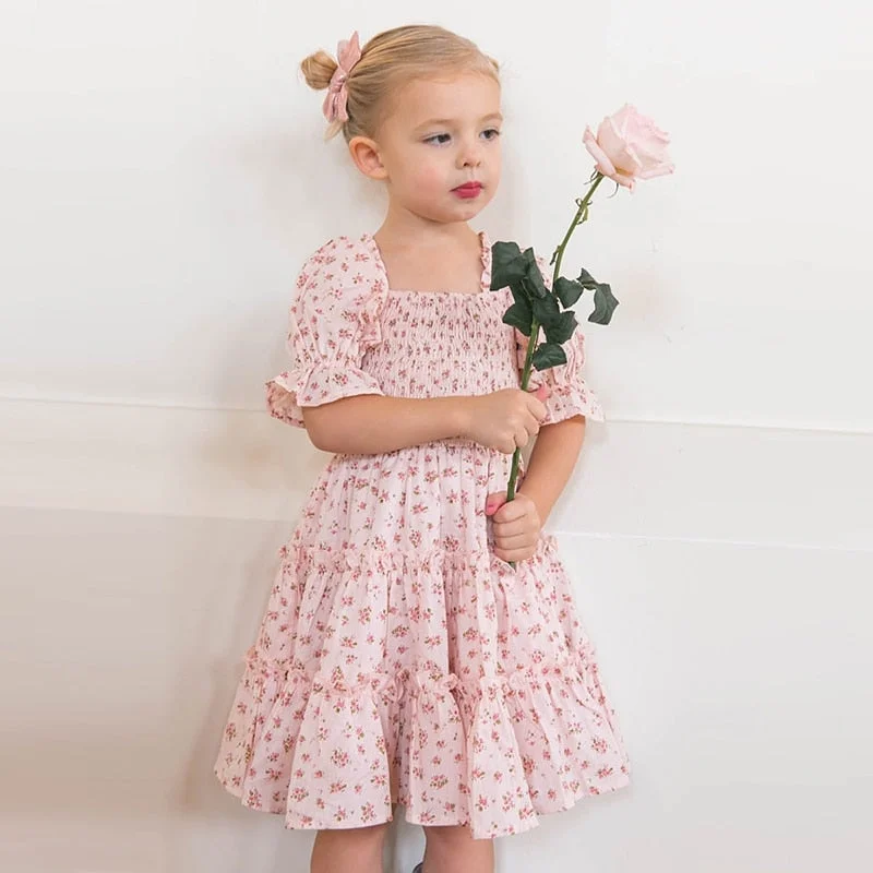 Cute Girls Floral Casual Dress Kids Short Sleeves Ruffle Cotton Blend Clothes For 3-8 Years Girl Children Outdoor Picnic Dresses