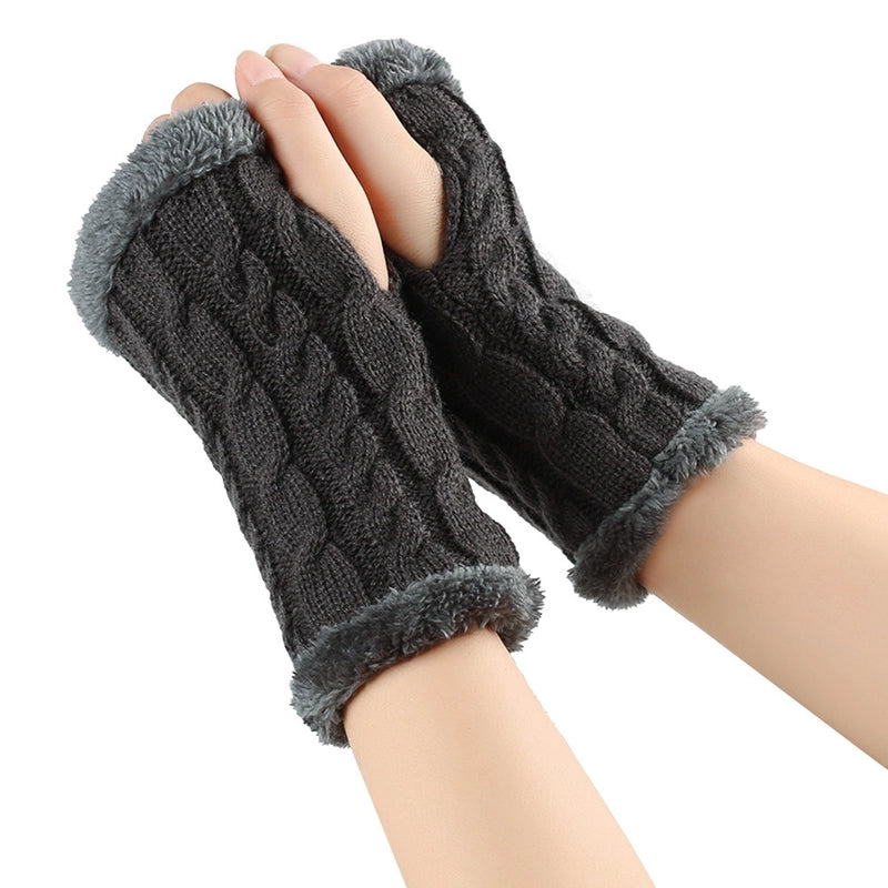 New Autumn And Winter Fleece-lined Wool Gloves Twist Knitted Finger Leakage Plush Oversleeve Warm Thickened Wool Gloves