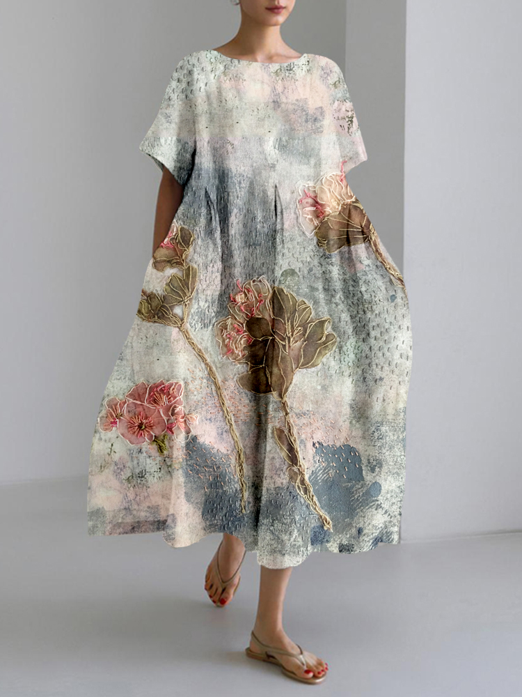 Vintage Flower Embroidered Linen Blend Maxi Dress artswardrobe